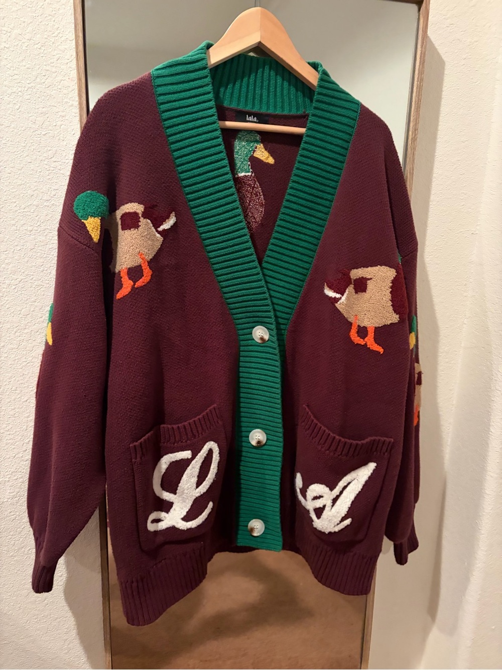 Dressed in LALA Maroon Cardigan with Green Trim and Duck Intarsia